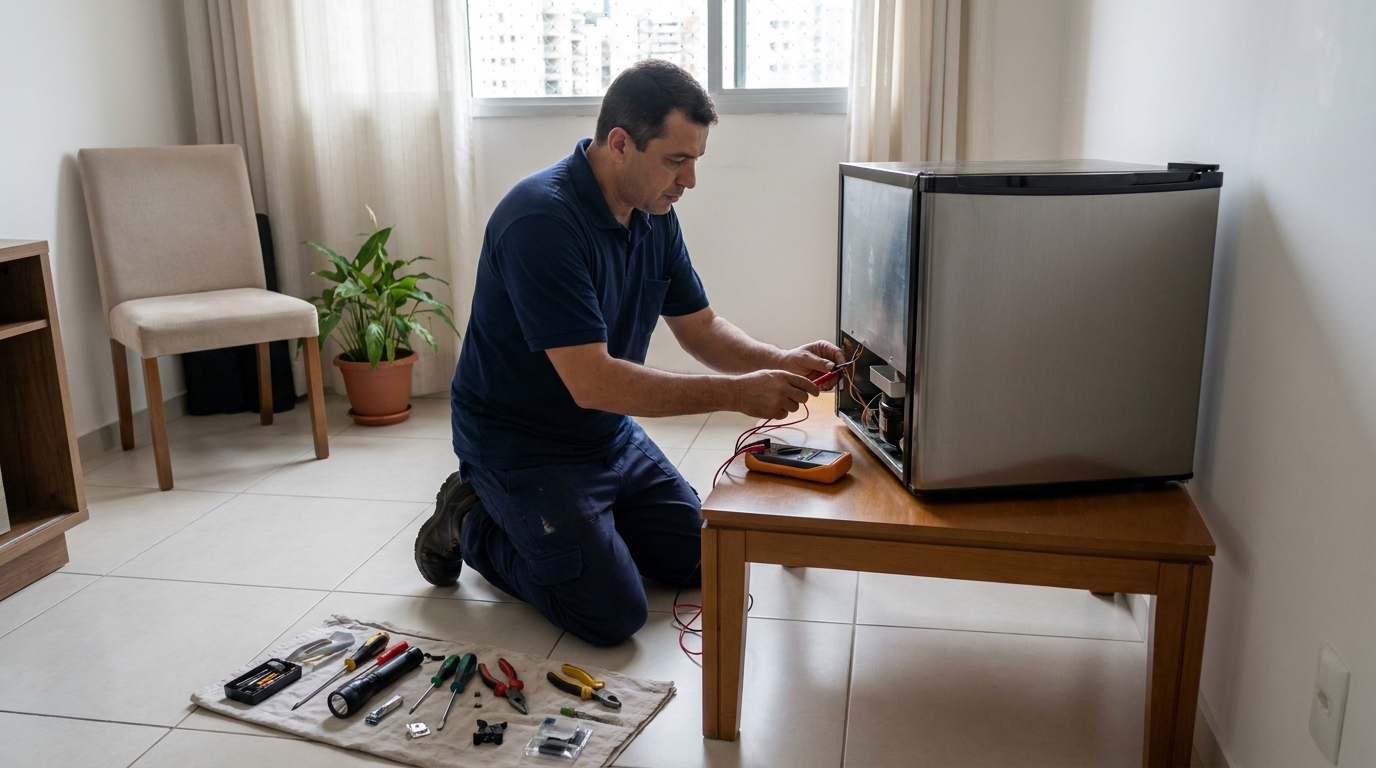 Técnico fazendo manutenção do motor de frigobar em Sorocaba‑SP