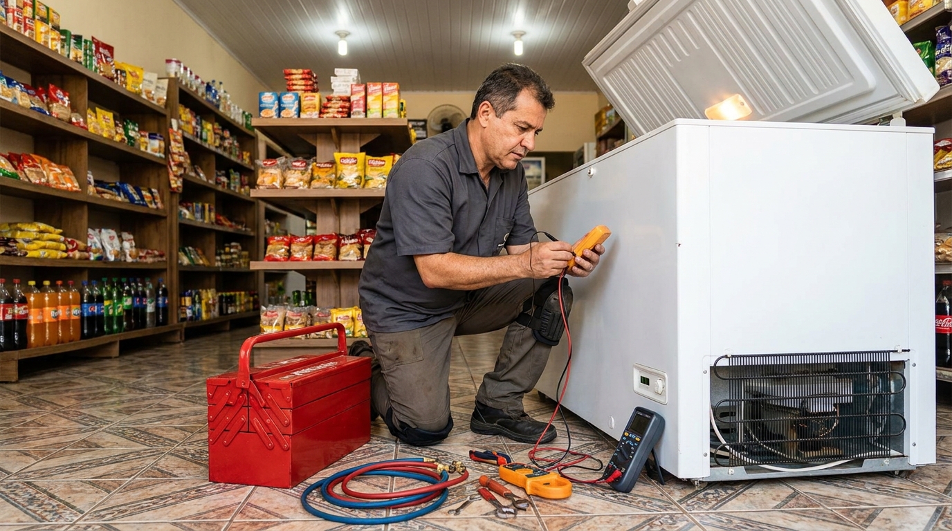 Recarga de gás refrigerante no freezer durante atendimento em Sorocaba‑SP