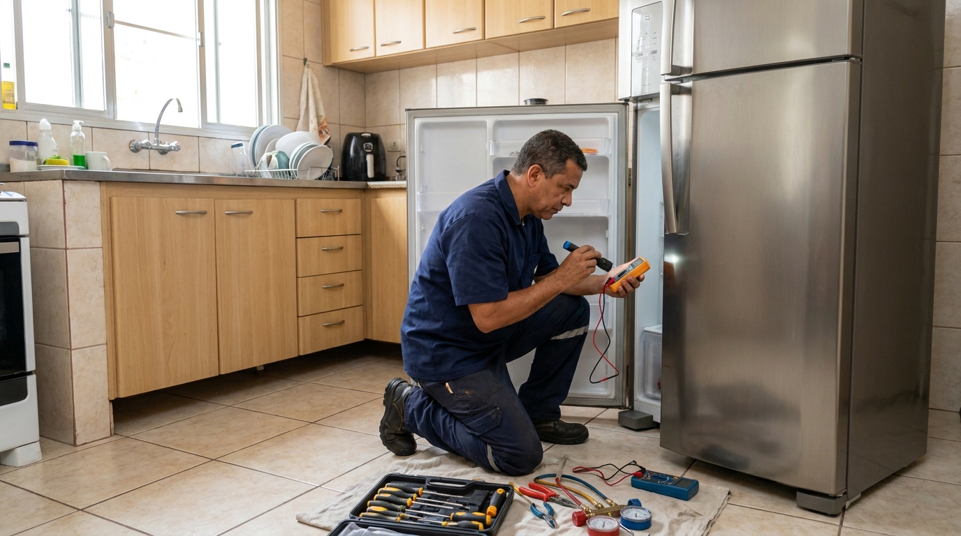 Técnico aplicando recarga de gás refrigerante em geladeira em Manchester, Sorocaba‑SP