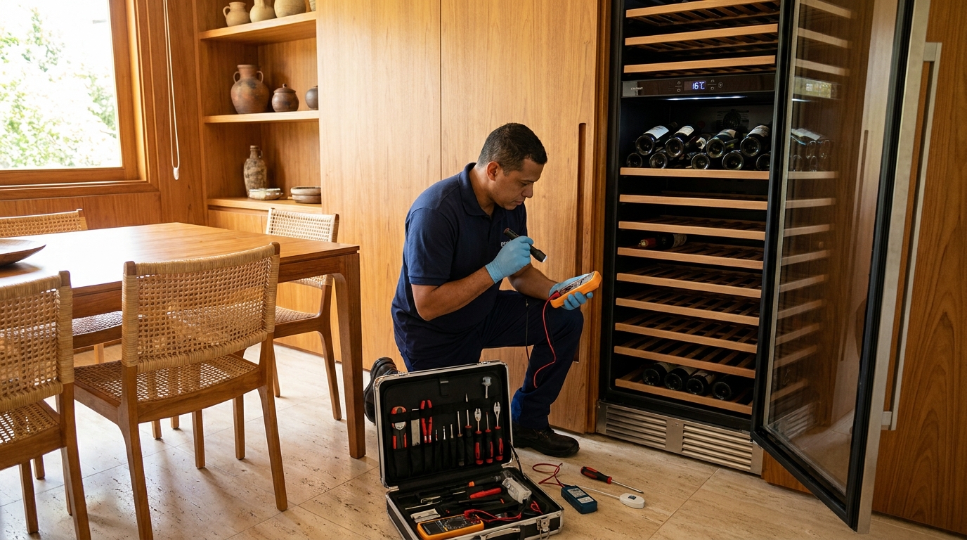 Substituição de termostato em adega climatizada em visita técnica em Ipatinga, Sorocaba‑SP